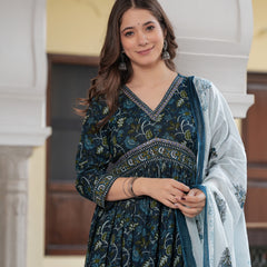 Navy Blue Cotton Printed V-Neck 3/4 Sleeves Calf Length Flared Kurta Pant & Dupatta Set For Women Mizaz Jaipur