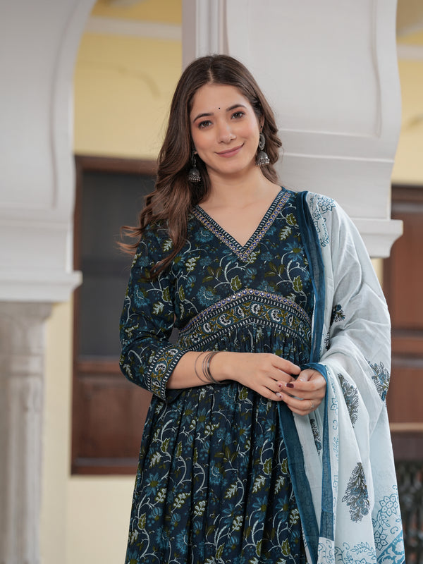 Navy Blue Cotton Printed V-Neck 3/4 Sleeves Calf Length Flared Kurta Pant & Dupatta Set For Women Mizaz Jaipur