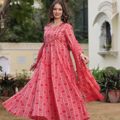 Gajaripink Pure Cotton Printed Round Neck 3/4 Sleeves Calf Length Anarkali Kurta, Pant & Dupatta Set Mizaz Jaipur