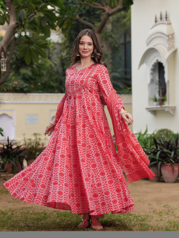 Gajaripink Pure Cotton Printed Round Neck 3/4 Sleeves Calf Length Anarkali Kurta, Pant & Dupatta Set Mizaz Jaipur