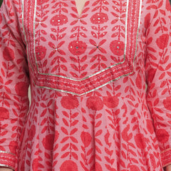 Gajaripink Pure Cotton Printed Round Neck 3/4 Sleeves Calf Length Anarkali Kurta, Pant & Dupatta Set Mizaz Jaipur