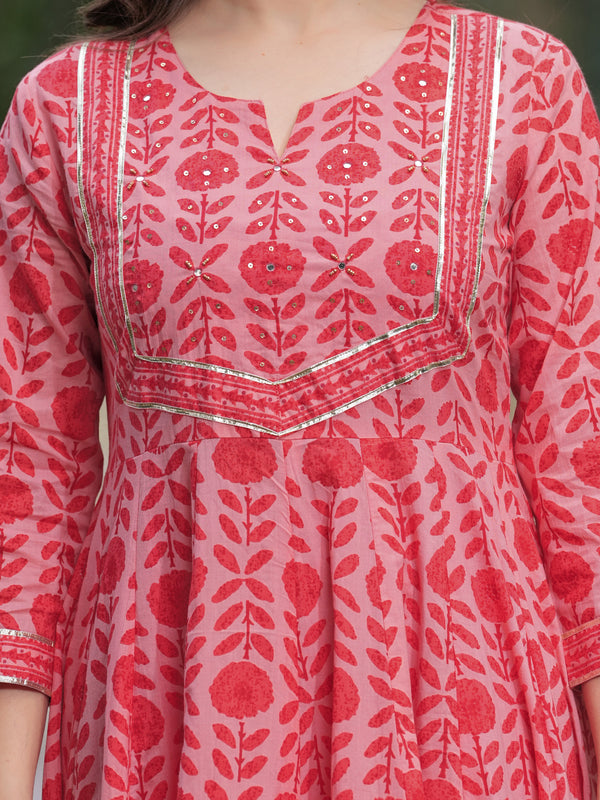 Gajaripink Pure Cotton Printed Round Neck 3/4 Sleeves Calf Length Anarkali Kurta, Pant & Dupatta Set Mizaz Jaipur
