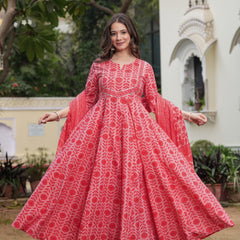 Gajaripink Pure Cotton Printed Round Neck 3/4 Sleeves Calf Length Anarkali Kurta, Pant & Dupatta Set Mizaz Jaipur