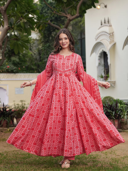 Gajaripink Pure Cotton Printed Round Neck 3/4 Sleeves Calf Length Anarkali Kurta, Pant & Dupatta Set Mizaz Jaipur