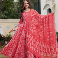 Gajaripink Pure Cotton Printed Round Neck 3/4 Sleeves Calf Length Anarkali Kurta, Pant & Dupatta Set Mizaz Jaipur