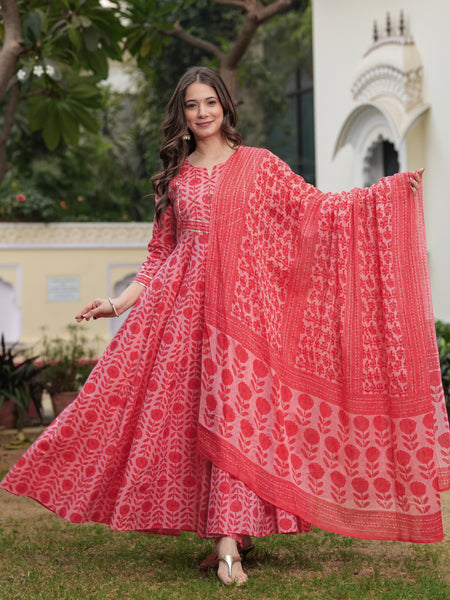 Gajaripink Pure Cotton Printed Round Neck 3/4 Sleeves Calf Length Anarkali Kurta, Pant & Dupatta Set Mizaz Jaipur