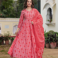 Gajaripink Pure Cotton Printed Round Neck 3/4 Sleeves Calf Length Anarkali Kurta, Pant & Dupatta Set Mizaz Jaipur