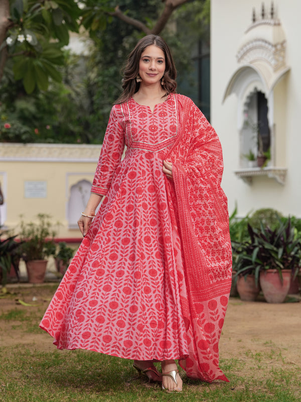 Gajaripink Pure Cotton Printed Round Neck 3/4 Sleeves Calf Length Anarkali Kurta, Pant & Dupatta Set Mizaz Jaipur