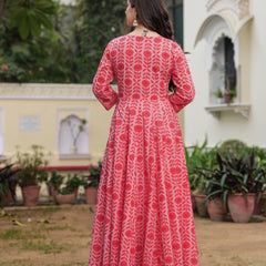 Gajaripink Pure Cotton Printed Round Neck 3/4 Sleeves Calf Length Anarkali Kurta, Pant & Dupatta Set Mizaz Jaipur