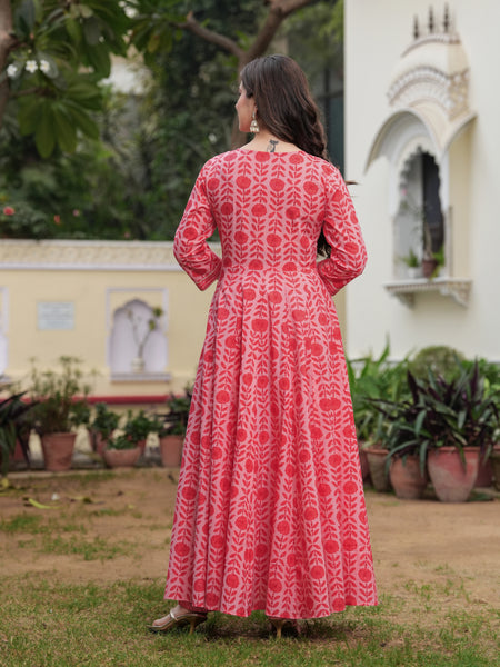 Gajaripink Pure Cotton Printed Round Neck 3/4 Sleeves Calf Length Anarkali Kurta, Pant & Dupatta Set Mizaz Jaipur