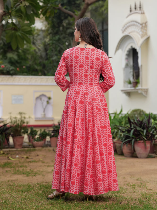 Gajaripink Pure Cotton Printed Round Neck 3/4 Sleeves Calf Length Anarkali Kurta, Pant & Dupatta Set Mizaz Jaipur