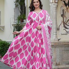 Pink Pure Cotton Printed V-Neck Calf Length Anarkali Kurta, Pant & Dupatta Set Mizaz Jaipur