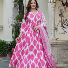 Pink Pure Cotton Printed V-Neck Calf Length Anarkali Kurta, Pant & Dupatta Set Mizaz Jaipur