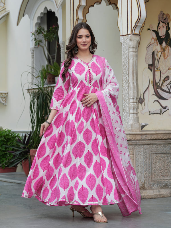Pink Pure Cotton Printed V-Neck Calf Length Anarkali Kurta, Pant & Dupatta Set Mizaz Jaipur