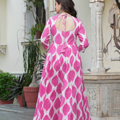 Pink Pure Cotton Printed V-Neck Calf Length Anarkali Kurta, Pant & Dupatta Set Mizaz Jaipur