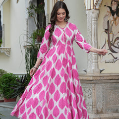 Pink Pure Cotton Printed V-Neck Calf Length Anarkali Kurta, Pant & Dupatta Set Mizaz Jaipur