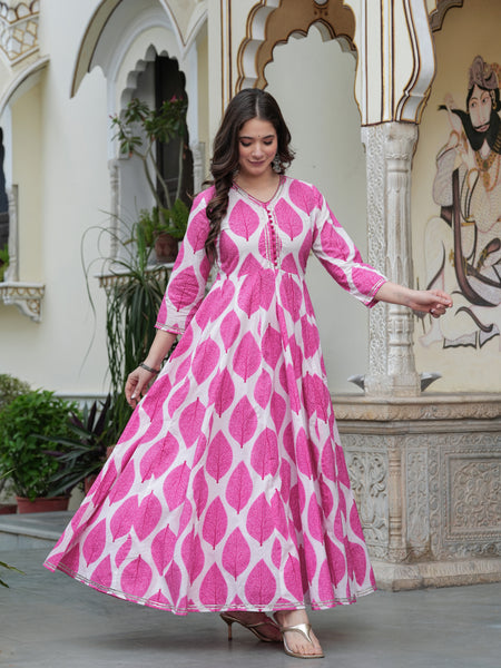 Pink Pure Cotton Printed V-Neck Calf Length Anarkali Kurta, Pant & Dupatta Set Mizaz Jaipur