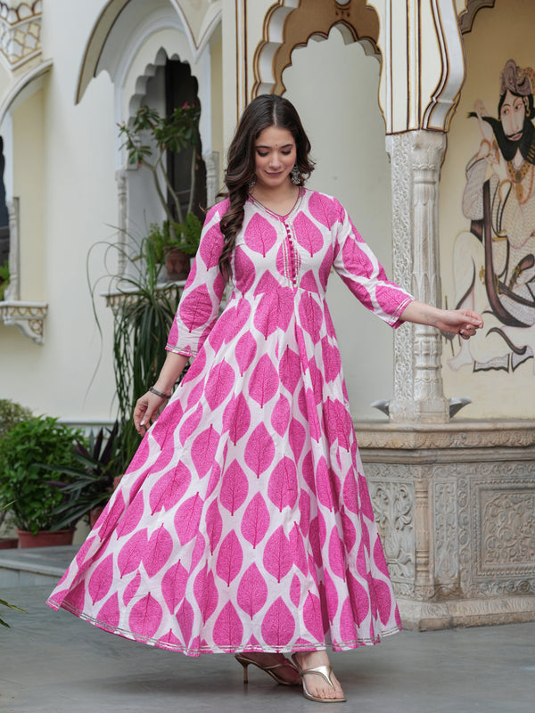 Pink Pure Cotton Printed V-Neck Calf Length Anarkali Kurta, Pant & Dupatta Set Mizaz Jaipur