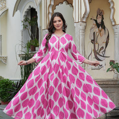 Pink Pure Cotton Printed V-Neck Calf Length Anarkali Kurta, Pant & Dupatta Set Mizaz Jaipur