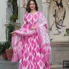 Pink Pure Cotton Printed V-Neck Calf Length Anarkali Kurta, Pant & Dupatta Set Mizaz Jaipur