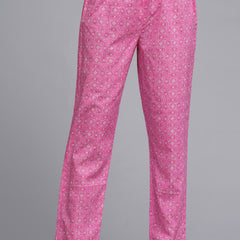 Pink Pure Cotton Printed V-Neck Calf Length Anarkali Kurta, Pant & Dupatta Set Mizaz Jaipur