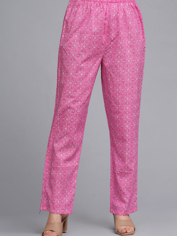 Pink Pure Cotton Printed V-Neck Calf Length Anarkali Kurta, Pant & Dupatta Set Mizaz Jaipur