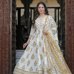 Mustard Cotton Printed Round Neck 3/4 Sleeves Calf Length Flared Kurta Pant & Dupatta Set For Women Mizaz Jaipur