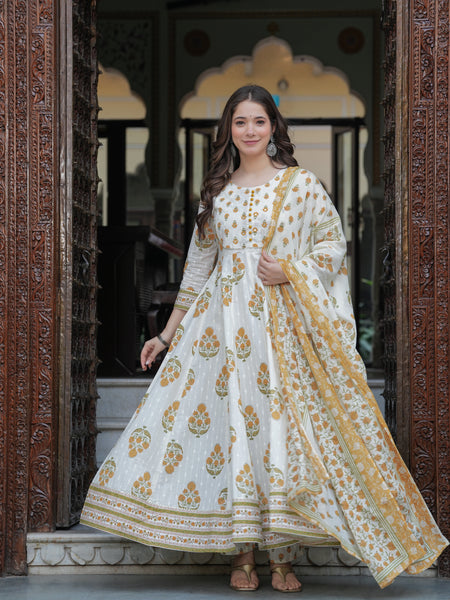 Mustard Cotton Printed Round Neck 3/4 Sleeves Calf Length Flared Kurta Pant & Dupatta Set For Women Mizaz Jaipur