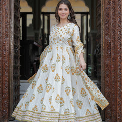 Mustard Cotton Printed Round Neck 3/4 Sleeves Calf Length Flared Kurta Pant & Dupatta Set For Women Mizaz Jaipur