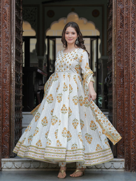 Mustard Cotton Printed Round Neck 3/4 Sleeves Calf Length Flared Kurta Pant & Dupatta Set For Women Mizaz Jaipur