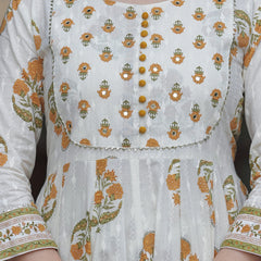 Mustard Cotton Printed Round Neck 3/4 Sleeves Calf Length Flared Kurta Pant & Dupatta Set For Women Mizaz Jaipur