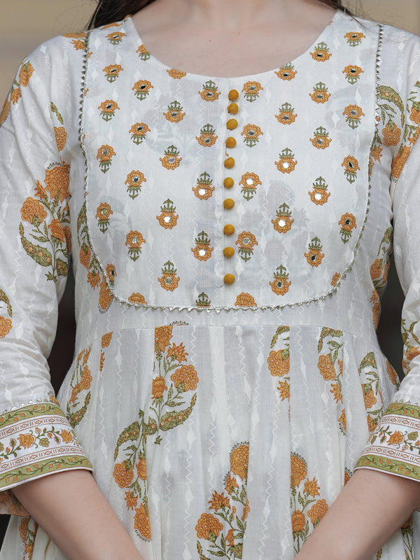 Mustard Cotton Printed Round Neck 3/4 Sleeves Calf Length Flared Kurta Pant & Dupatta Set For Women Mizaz Jaipur