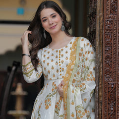 Mustard Cotton Printed Round Neck 3/4 Sleeves Calf Length Flared Kurta Pant & Dupatta Set For Women Mizaz Jaipur