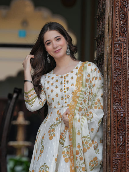 Mustard Cotton Printed Round Neck 3/4 Sleeves Calf Length Flared Kurta Pant & Dupatta Set For Women Mizaz Jaipur