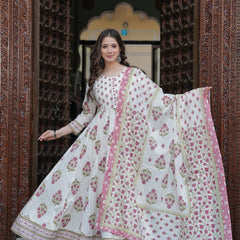 Purple Cotton Printed Round Neck 3/4 Sleeves Calf Length Flared Kurta Pant & Dupatta Set For Women Mizaz Jaipur