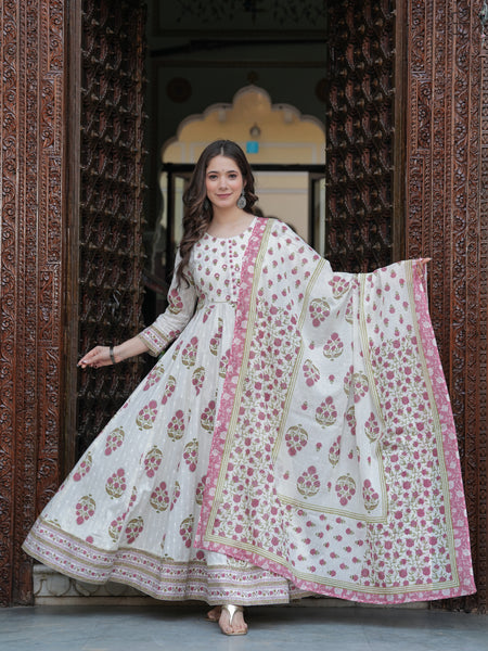 Purple Cotton Printed Round Neck 3/4 Sleeves Calf Length Flared Kurta Pant & Dupatta Set For Women Mizaz Jaipur