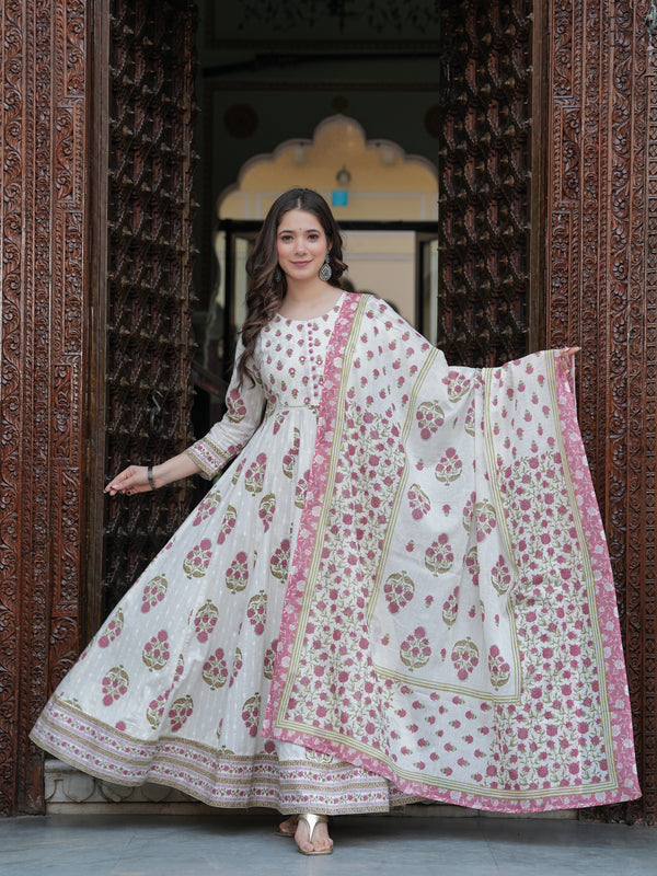 Purple Cotton Printed Round Neck 3/4 Sleeves Calf Length Flared Kurta Pant & Dupatta Set For Women Mizaz Jaipur