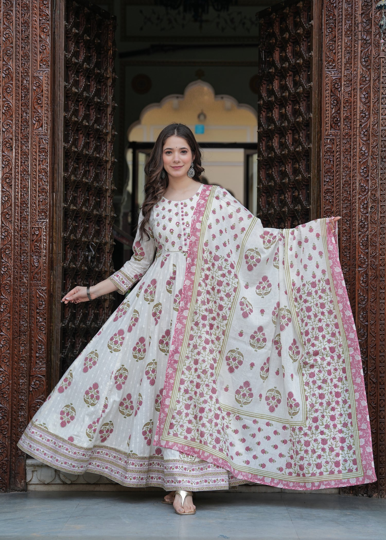 Purple Cotton Printed Round Neck 3/4 Sleeves Calf Length Flared Kurta Pant & Dupatta Set For Women Mizaz Jaipur