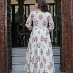 Purple Cotton Printed Round Neck 3/4 Sleeves Calf Length Flared Kurta Pant & Dupatta Set For Women Mizaz Jaipur