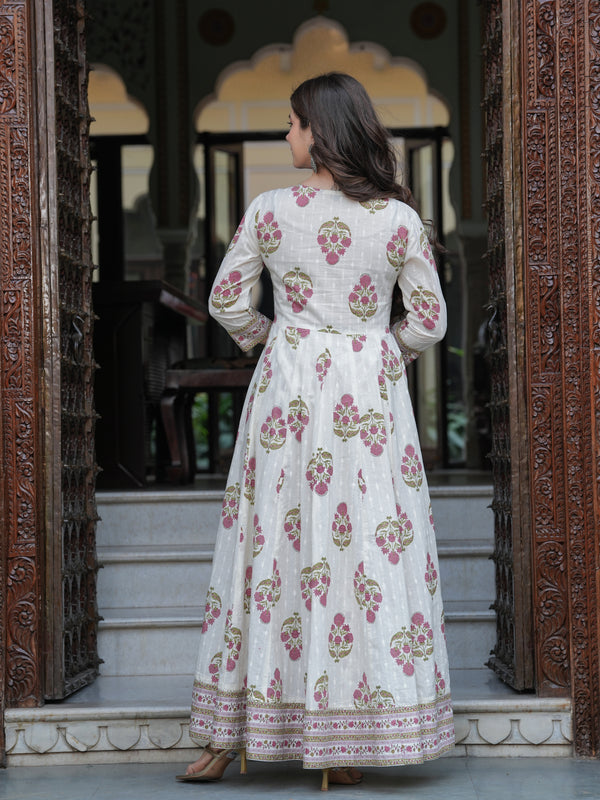 Purple Cotton Printed Round Neck 3/4 Sleeves Calf Length Flared Kurta Pant & Dupatta Set For Women Mizaz Jaipur