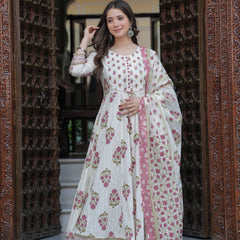 Purple Cotton Printed Round Neck 3/4 Sleeves Calf Length Flared Kurta Pant & Dupatta Set For Women Mizaz Jaipur
