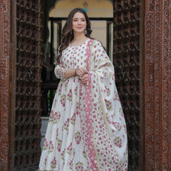 Purple Cotton Printed Round Neck 3/4 Sleeves Calf Length Flared Kurta Pant & Dupatta Set For Women Mizaz Jaipur