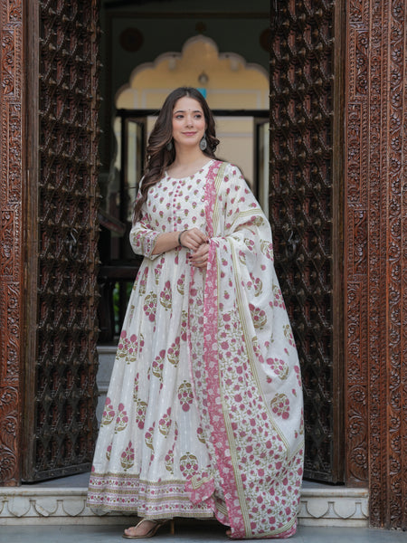 Purple Cotton Printed Round Neck 3/4 Sleeves Calf Length Flared Kurta Pant & Dupatta Set For Women Mizaz Jaipur