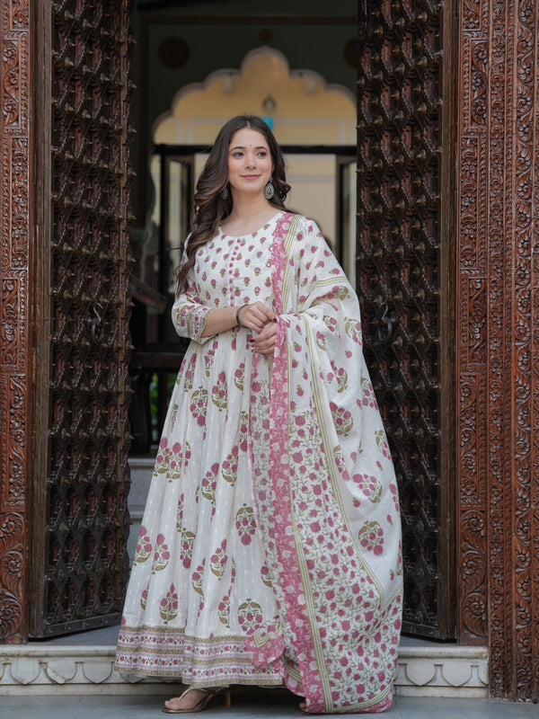 Purple Cotton Printed Round Neck 3/4 Sleeves Calf Length Flared Kurta Pant & Dupatta Set For Women Mizaz Jaipur