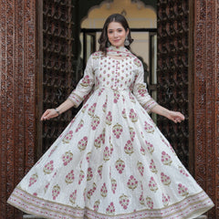 Purple Cotton Printed Round Neck 3/4 Sleeves Calf Length Flared Kurta Pant & Dupatta Set For Women Mizaz Jaipur