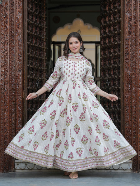Purple Cotton Printed Round Neck 3/4 Sleeves Calf Length Flared Kurta Pant & Dupatta Set For Women Mizaz Jaipur
