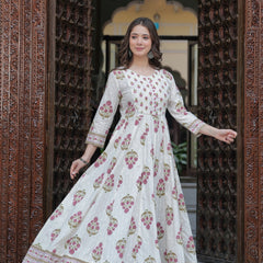 Purple Cotton Printed Round Neck 3/4 Sleeves Calf Length Flared Kurta Pant & Dupatta Set For Women Mizaz Jaipur