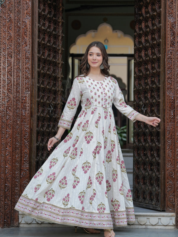 Purple Cotton Printed Round Neck 3/4 Sleeves Calf Length Flared Kurta Pant & Dupatta Set For Women Mizaz Jaipur