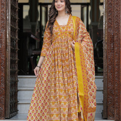 Mustard Pure Cotton Printed V-Neck Calf Length Anarkali Kurta, Pant & Dupatta Set Mizaz Jaipur
