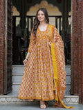 Mustard Pure Cotton Printed V-Neck Calf Length Anarkali Kurta, Pant & Dupatta Set Mizaz Jaipur